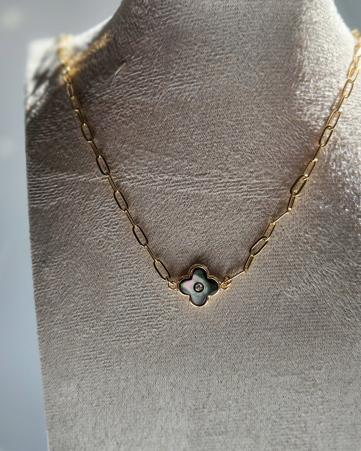 Abalone Black Clover Necklace in 18K Gold- Filled